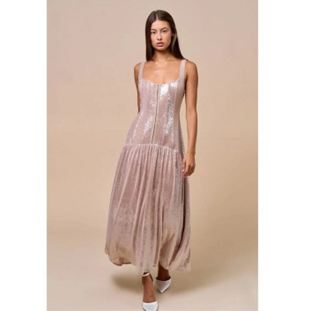 New Shimmer Front Hook Detailed Sequins Maxi Dress, Size M